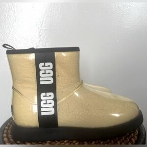 UGG Cream Glossy Ankle Rain Boot with Black Trim